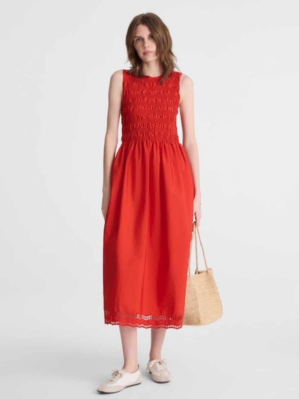 Madewell The Embroidered Melody Smocked Midi Dress Size Large Red NWOT
